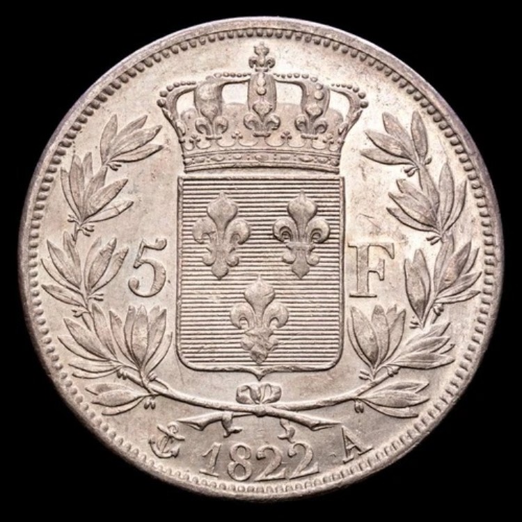 フランシア - ルイ 18 世 5 フラン (25 04g) 1822 パリ A GADOURY-614 UNC-