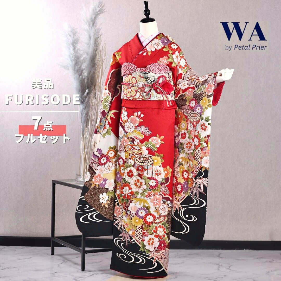 美品正絹お振袖7点フルセットM～Lサイズ赤×オレンジ】