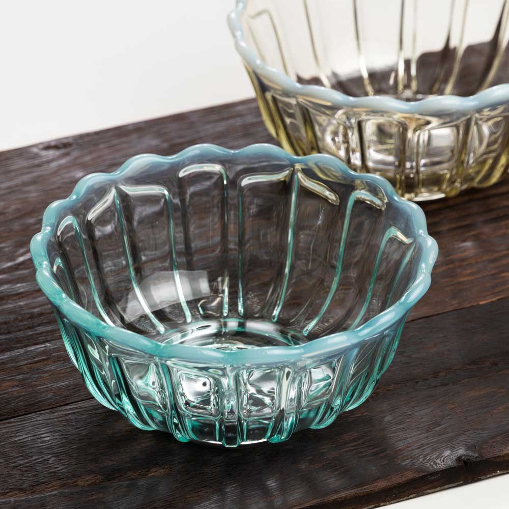 古いガラス鉢 かき氷 カップ ボウル 食器 花器 グリーン 3点 骨董