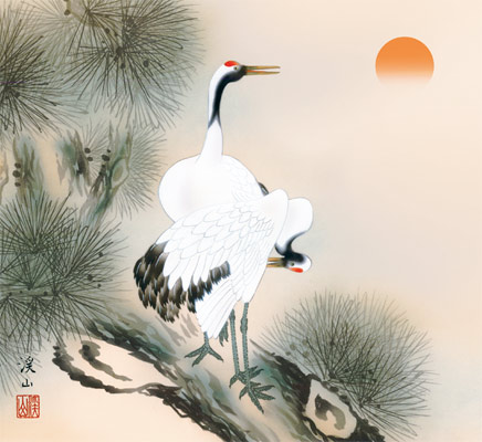 真作】掛軸 松上鶴 吉祥の象徴 二羽の鶴と老松 共箱入 S112 真作】掛軸