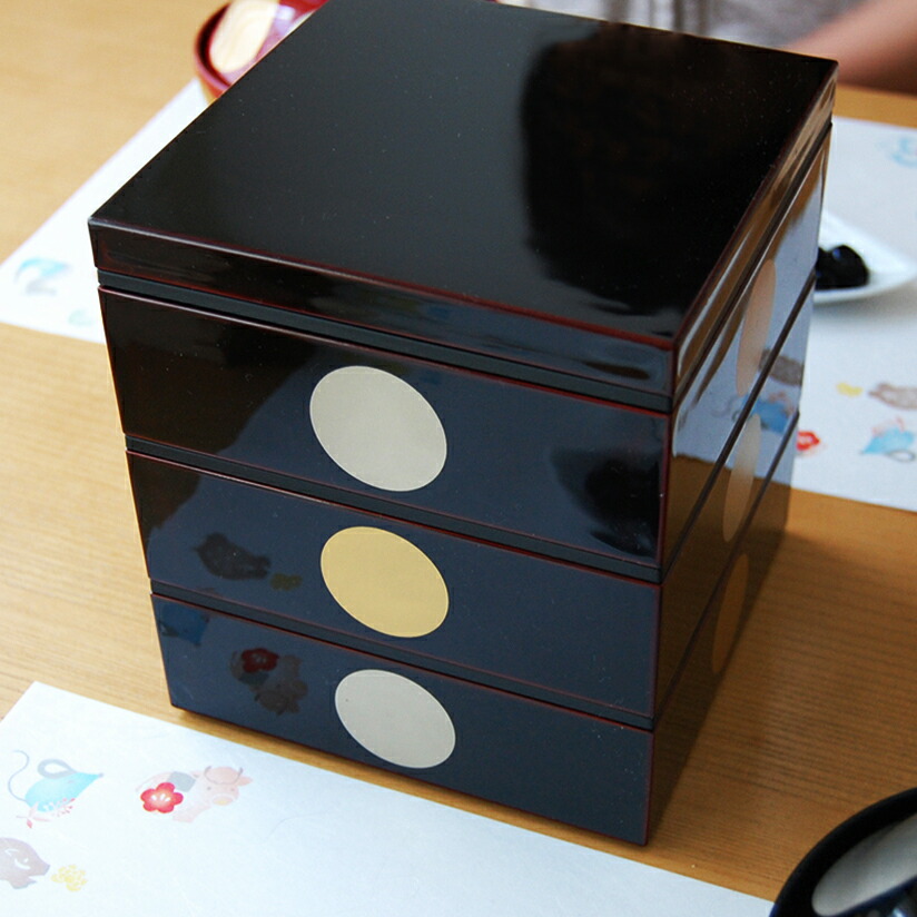 楽天市場】越前塗 5.0三段重 日月 溜（タッパ付） 重箱 3段 5寸