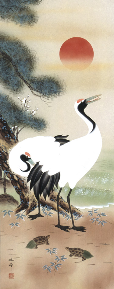 楽天市場】掛け軸 掛軸 松竹梅鶴亀 河合旭峰 尺五立(54.5×190cm) 桐箱