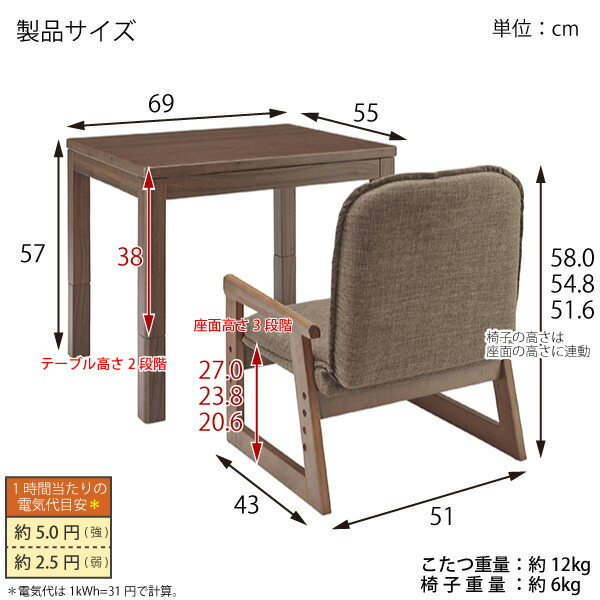 ユアサプライムス おひとり様用こたつ なごみ NGM-N69DLH(FBR) 69×55×