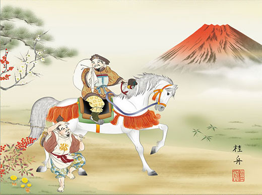 楽天市場】掛軸 干支の掛け軸 本格ミニ掛軸 白馬紅峰福神図 長江桂舟