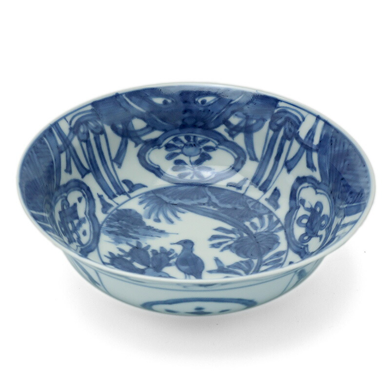 古伊万里 初期 芙蓉手兜鉢 呉須 染付青磁 輪花 古代鳥牡丹図 宝珠文 古