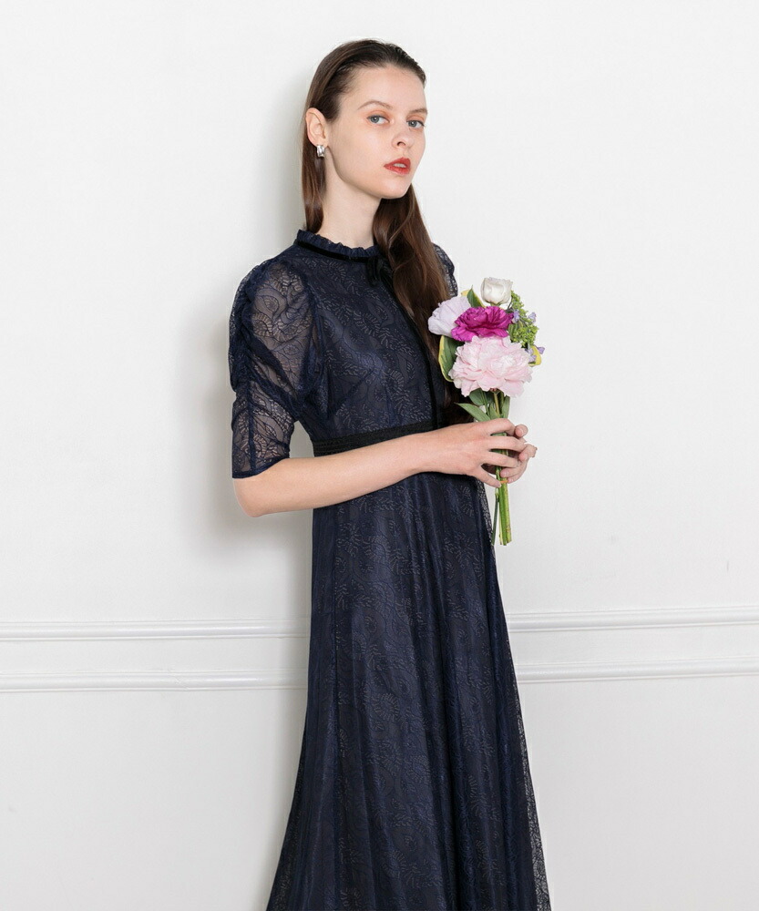 楽天市場】【LEJA】ウエストマークパフスリーブ総レースロングドレス