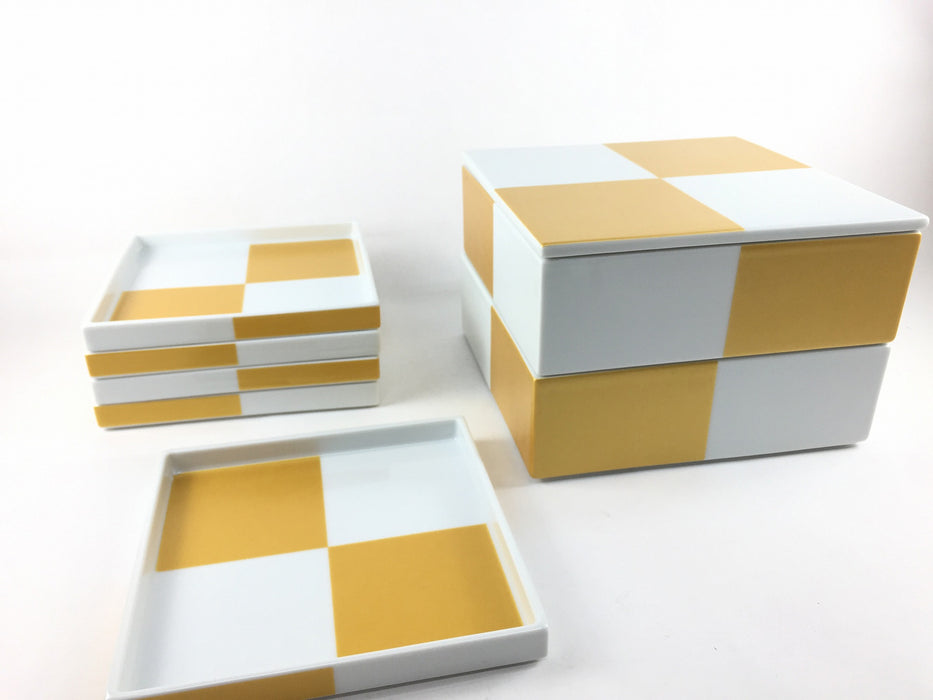 市松二段重 + 重ね角皿5枚セット(金) 御重/取り皿 波佐見焼 (j.R