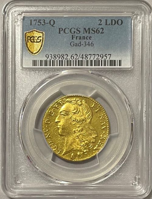 レア度3-R3】フランス 1753-Q年 ルイ15世 2ルイドール金貨 PCGS-MS62