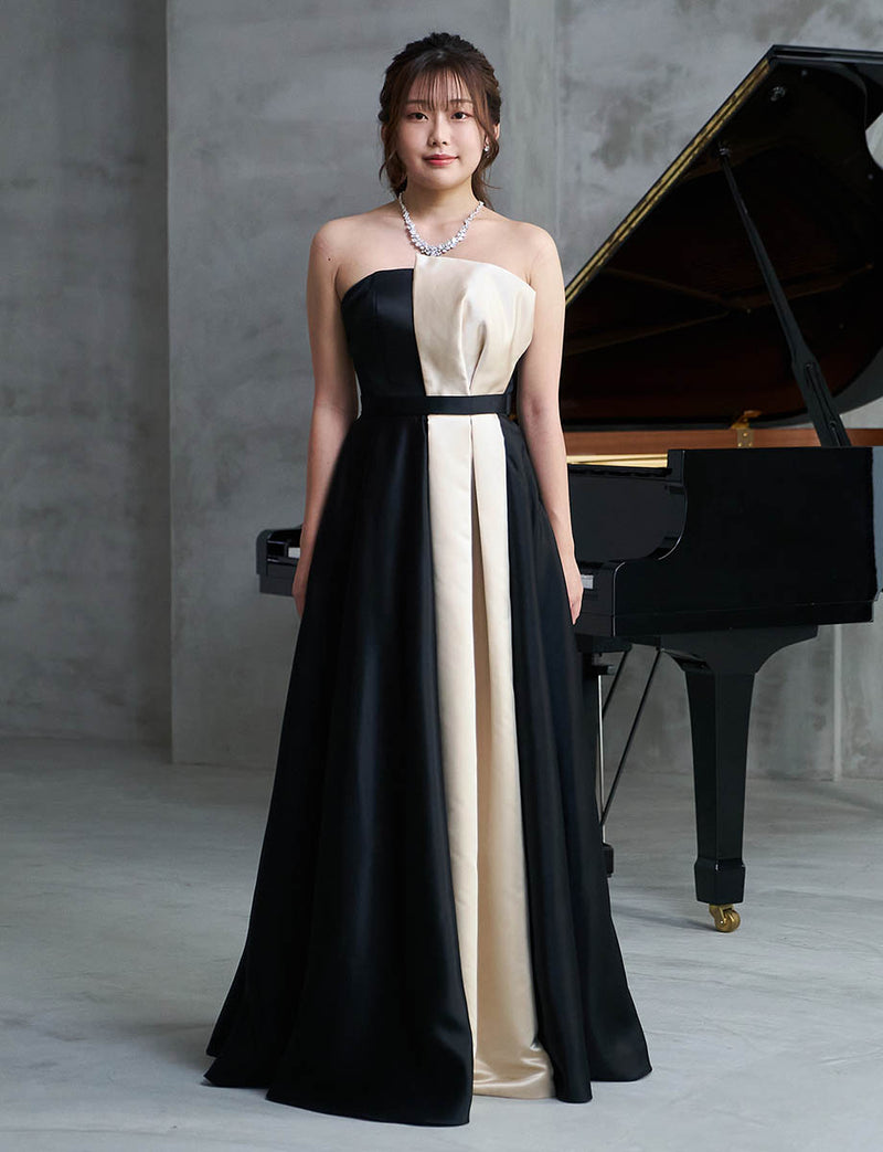 ベアトップロングドレス 演奏会用 ブラックゴールド サテン｜ツイード