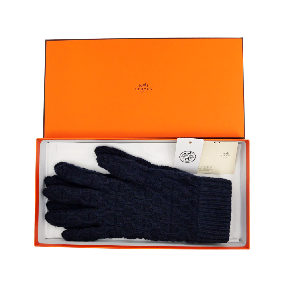 名東】【HERMES】エルメス 手袋 トリ マイヨン グローブ ネイビー M