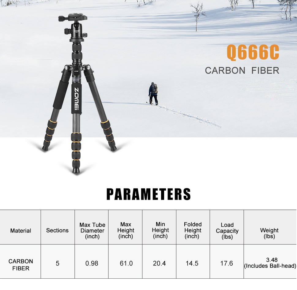 ZOMEi Q666C Folding Carbon Fiber Portable Tripod to Professionals