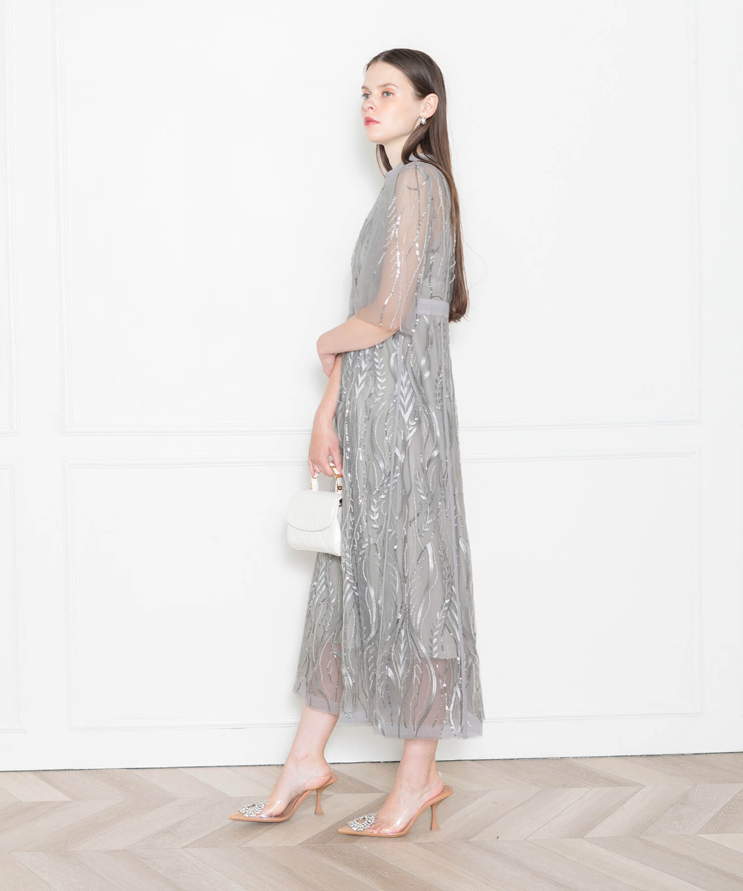 スパンコール刺繍レースプチハイネックフリルロングドレスワンピース