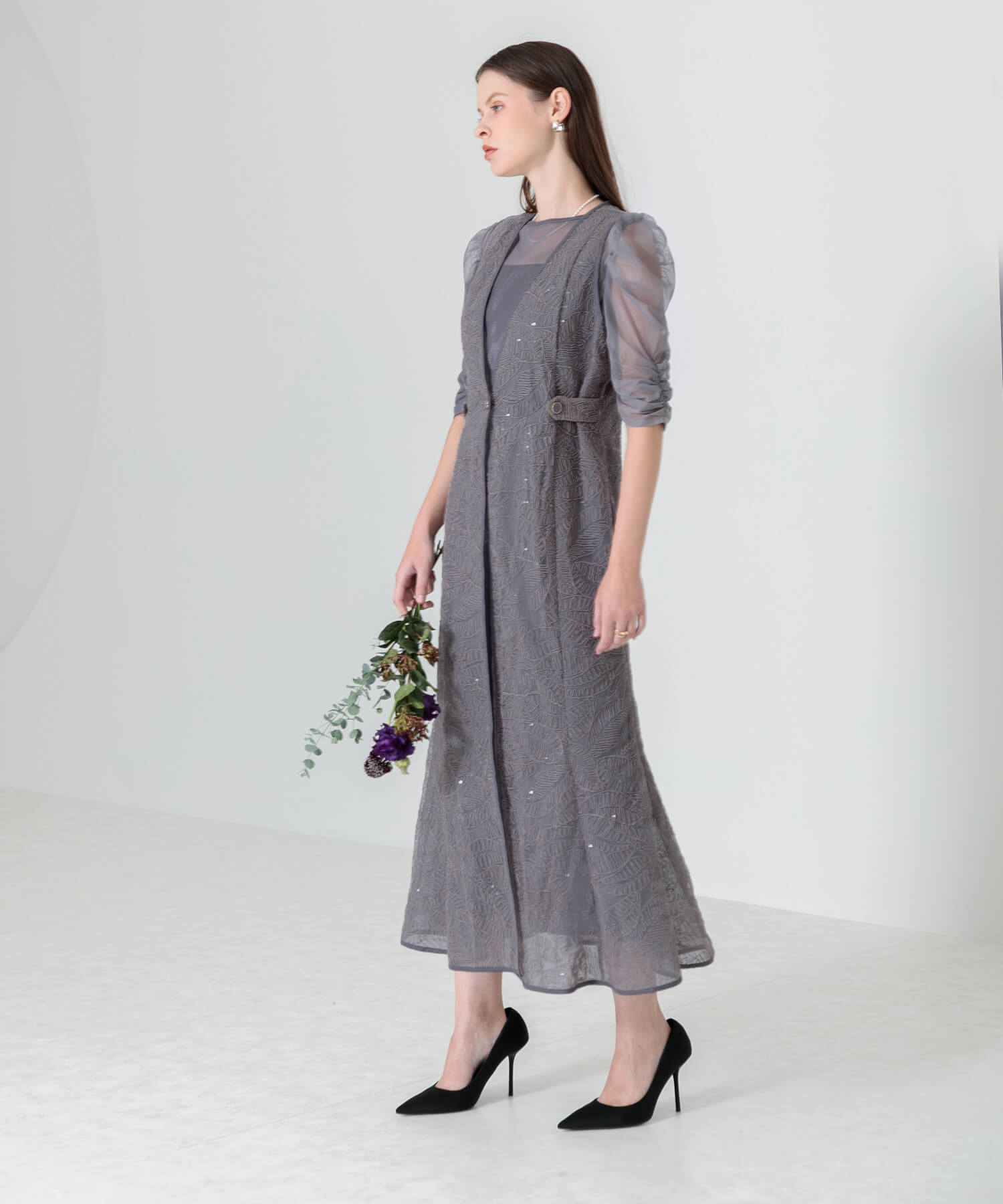 刺繍レースウエストサイド釦マーメイドシルエットジャンスカロング丈