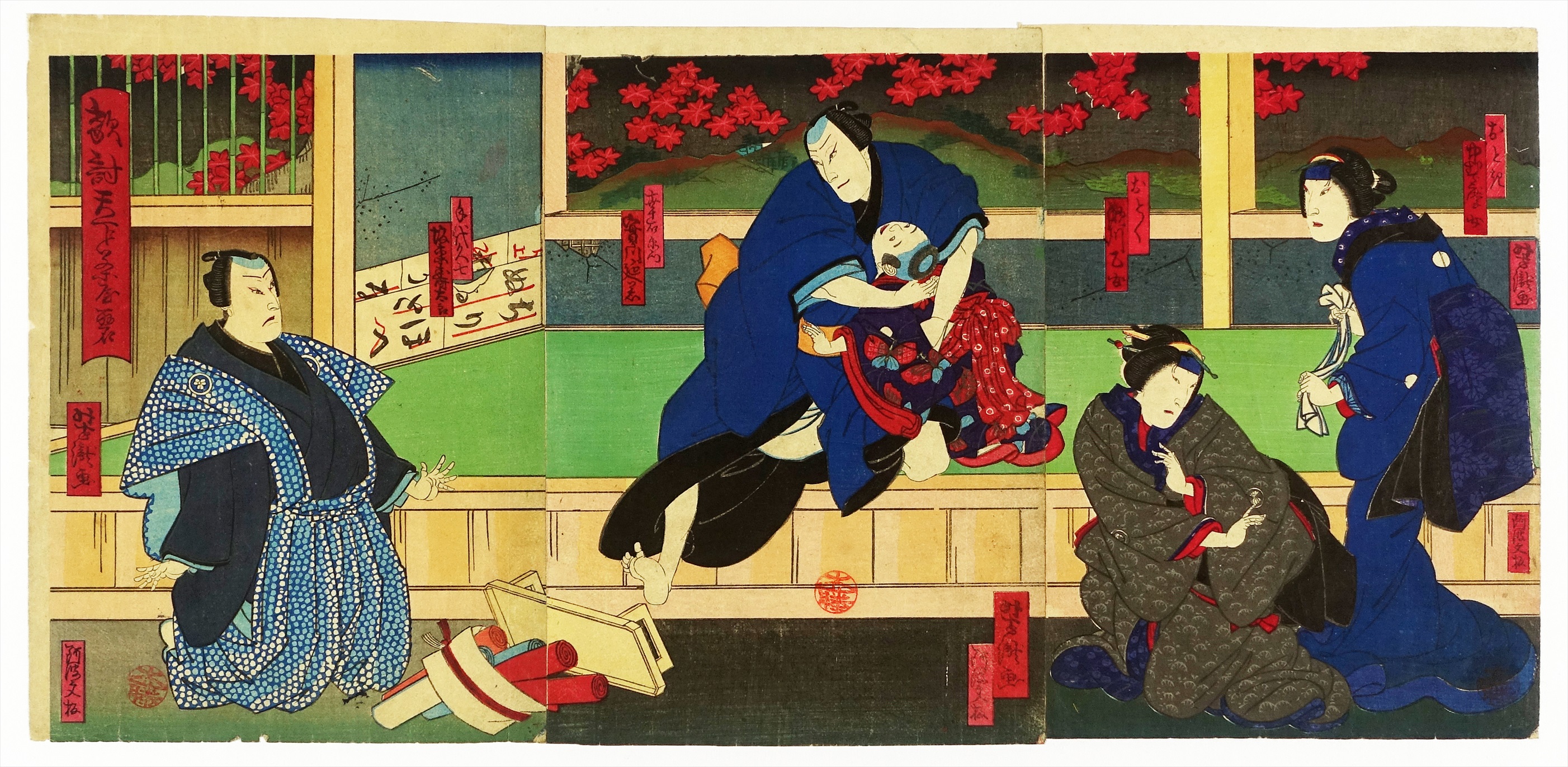 浮世絵 三枚続 役者絵 明治時代 額装 骨董 アンティーク 木版画 【公式