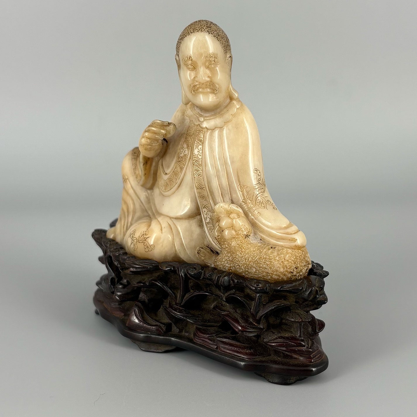 中国 玉石白玉彫刻 霊芝彫 根付 置物 V R5977E 中国 玉石白玉彫刻 霊芝