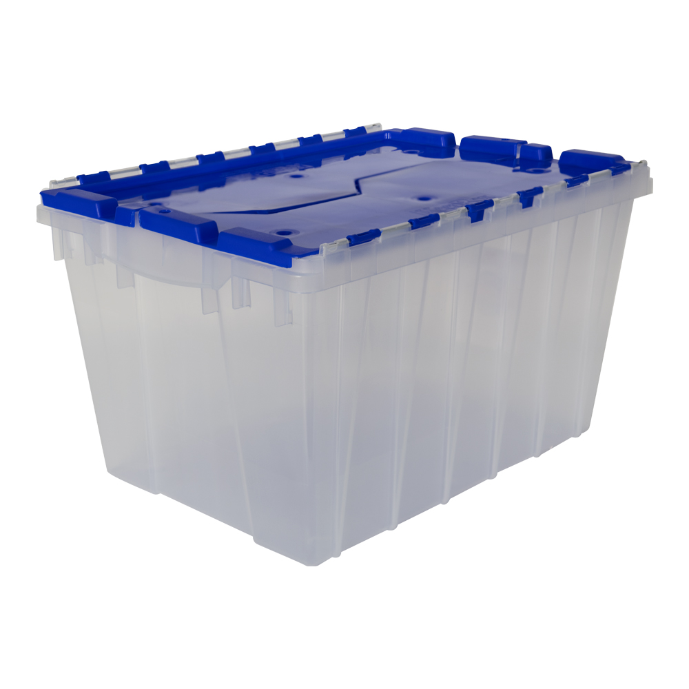 Clear Akro-Mils® Attached Lid Container with Blue Lid - 21-1/2