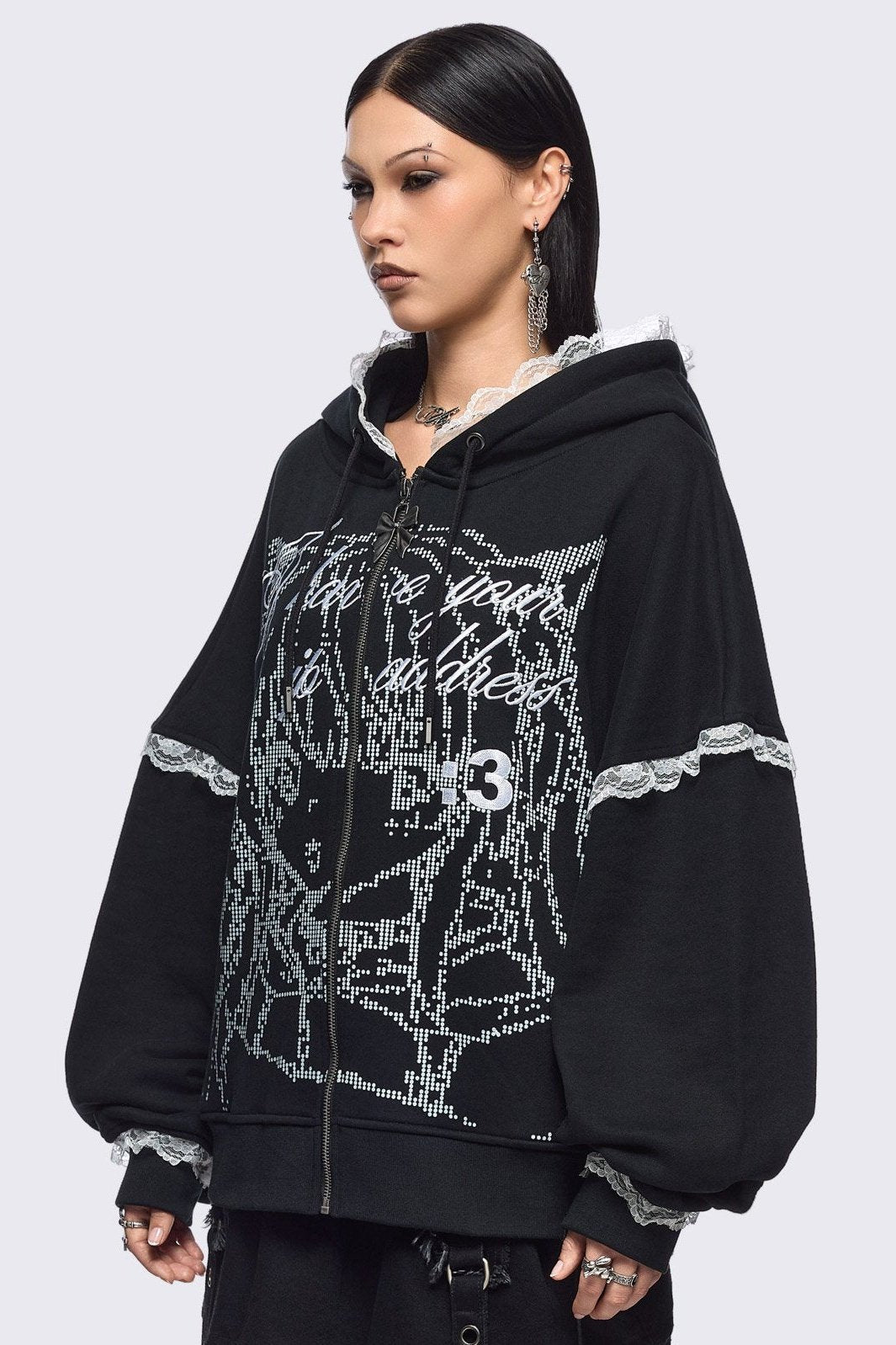 Anime Girl ASCII Graphic Zip Up Hoodie in Black | Minga London
