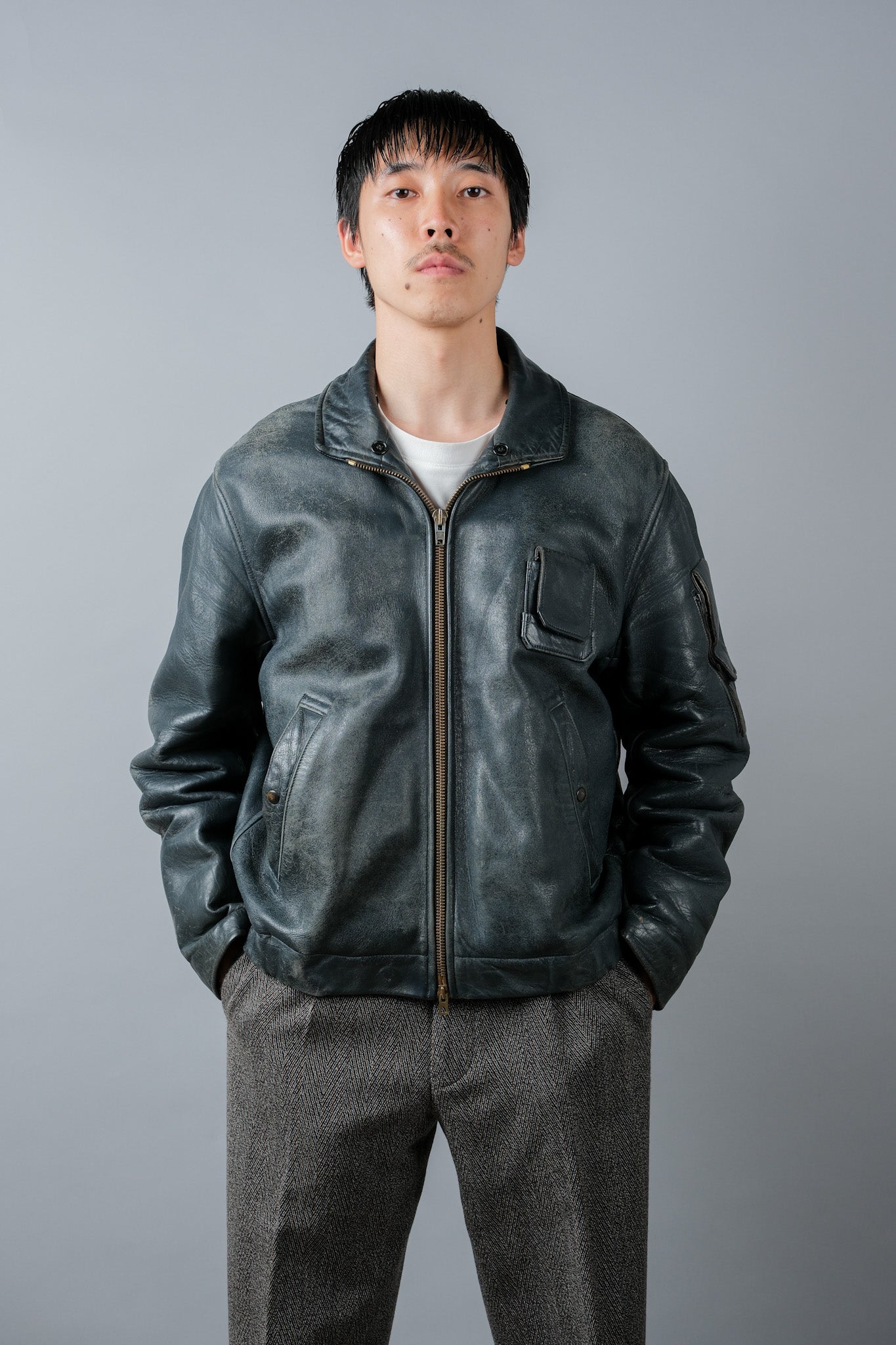 70's] French Air Force Pilot Leather Jacket Size.96m