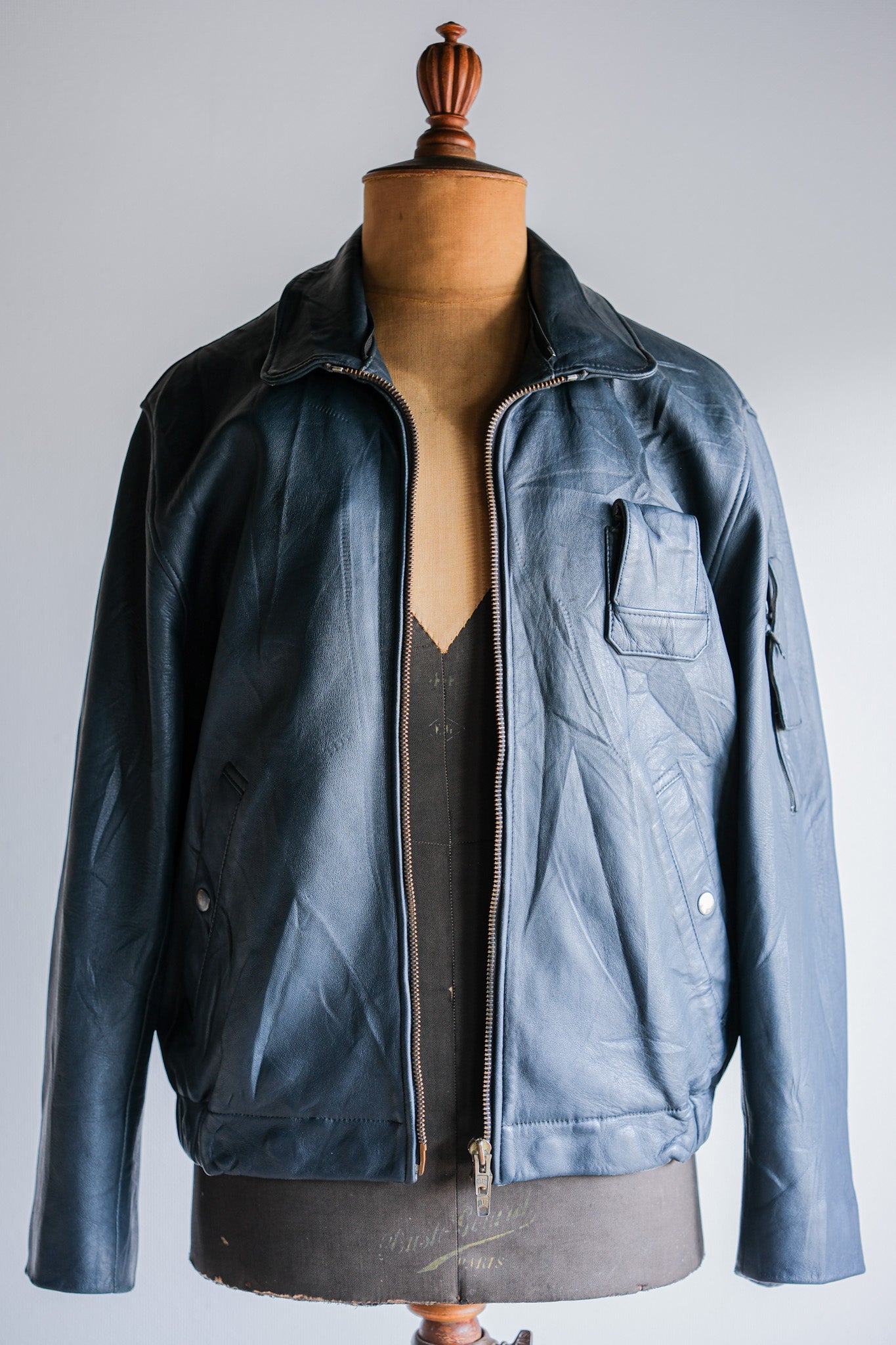 70's] French Air Force Pilot Leather Jacket with China Strap Size.9