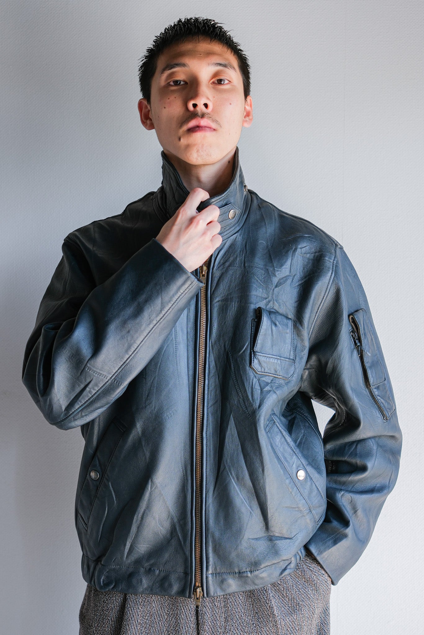 70's】French Air Force Pilot Leather Jacket With Chin Strap Size