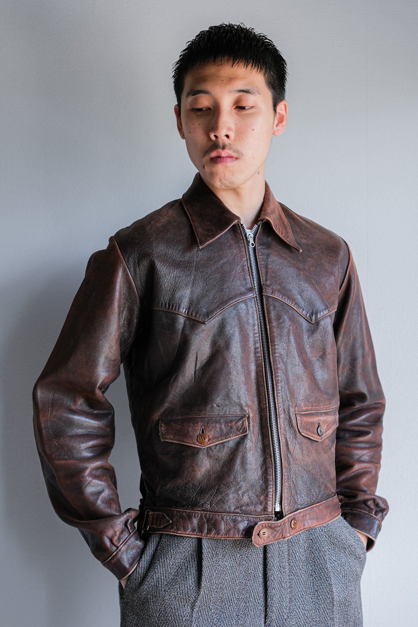 40's】French Vintage Leather Cyclist Jacket