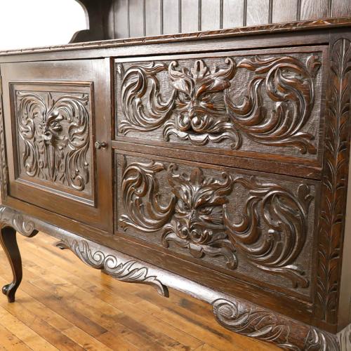 英国アンティーク オーク材のサイドボード バルボス装飾 バフェ 飾り棚