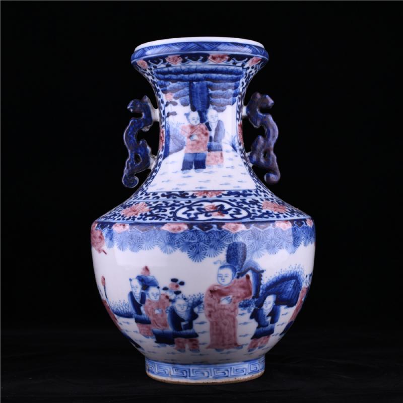 中国古美術 明の時代 染付(青花)雲堂手 訪友図 八角花瓶