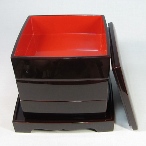 希少 未使用 輪島塗 角型 三段重 無地 W20×H19cm 溜蝋色