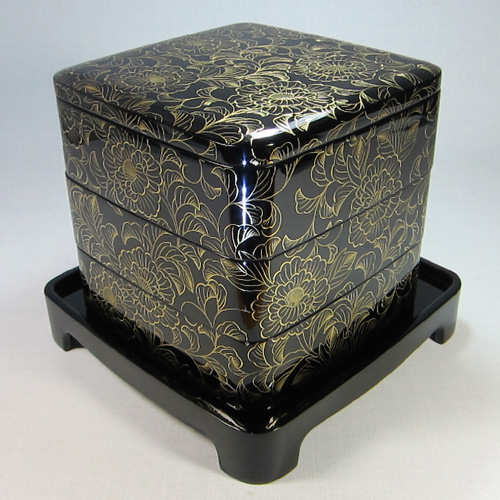 ⭐️輪島塗 布着堅地漆器 二段重箱 漆黒金花模様 ⭐️輪島塗 布着堅地