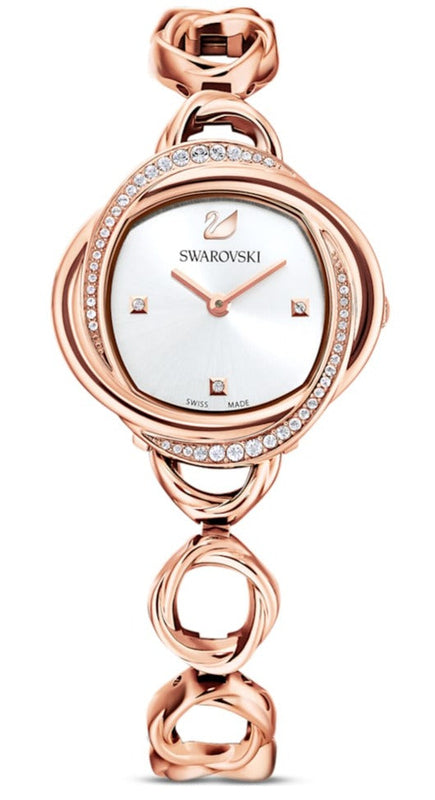 Swarovski Crystal Flower Silver Dial Rose Gold Steel Strap Watch