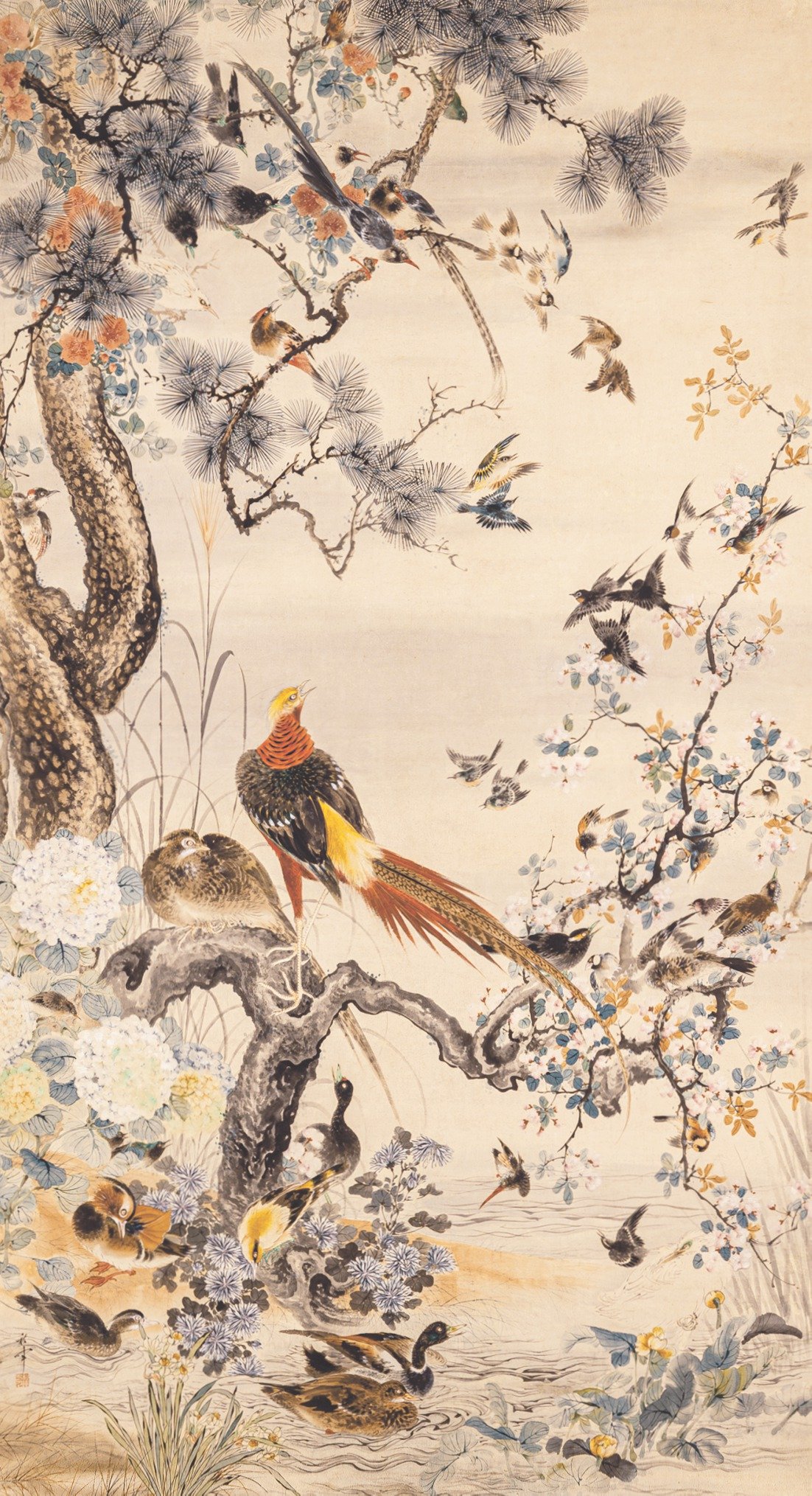 真作/川崎小虎/まめ図/ひよこ図/マメ図/花鳥図/掛軸/名家伝来/AH-783