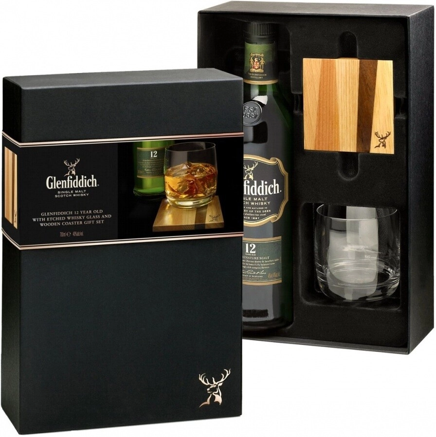 Whisky Glenfiddich, 12 Years Old, gift set with glass and glass