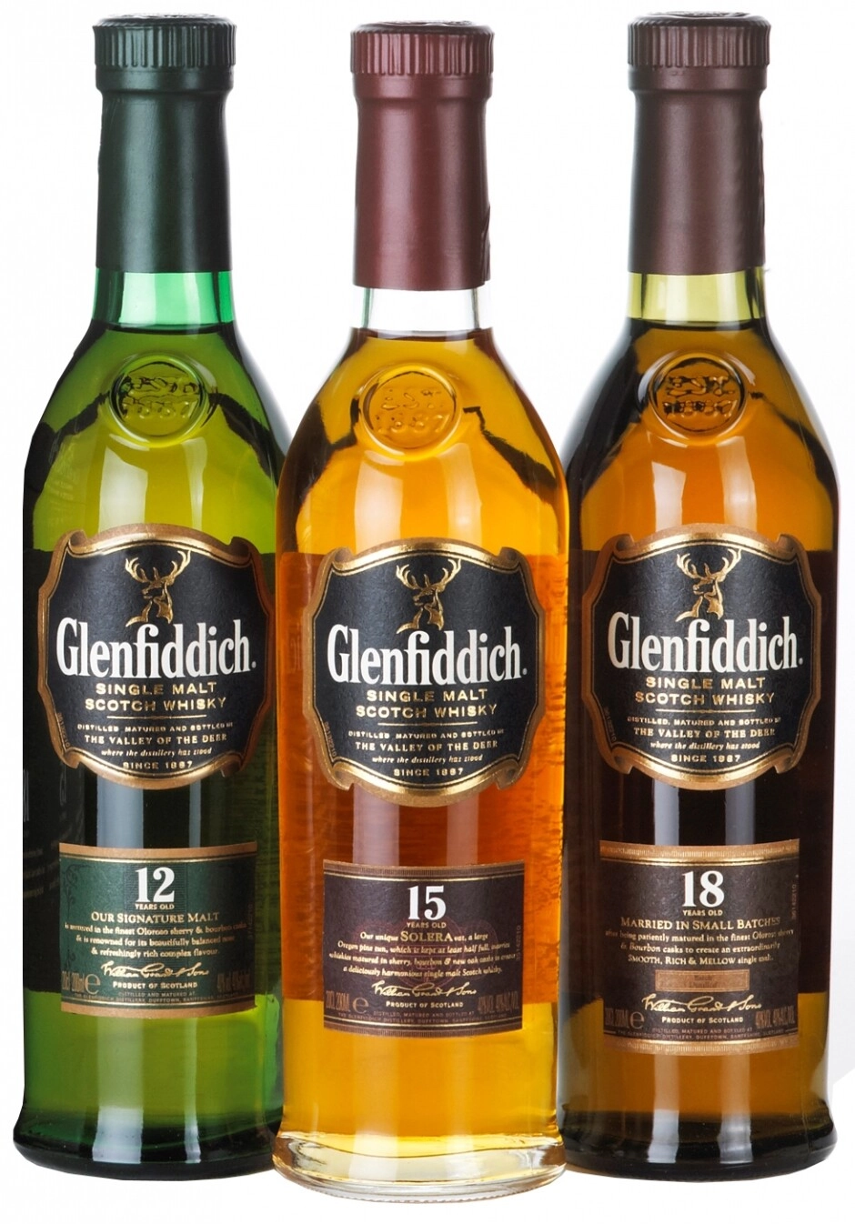 Whisky Glenfiddich, gift set with 3 bottles (12 YO, 15 YO, 18 YO