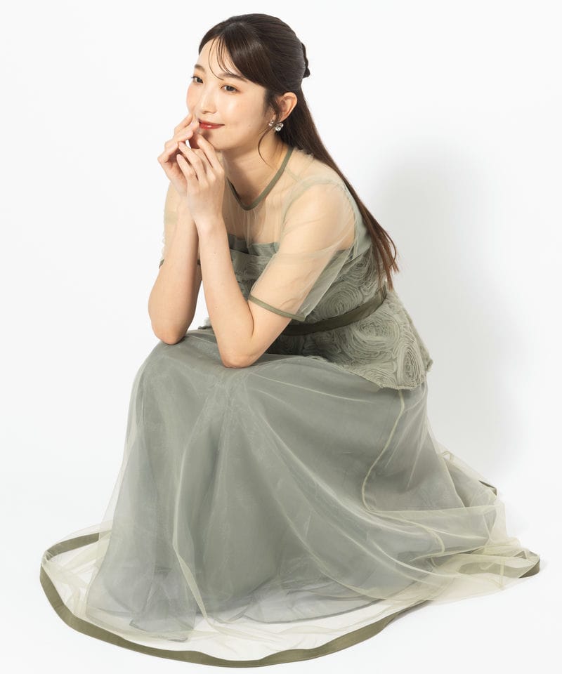 LEJA ローズペプラムビスチェAラインワンピースドレス グリーン Leja