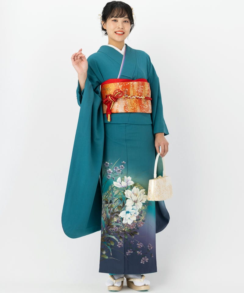 くすみ系水色の上品な牡丹と菊の振袖フルセット パステルカラーの