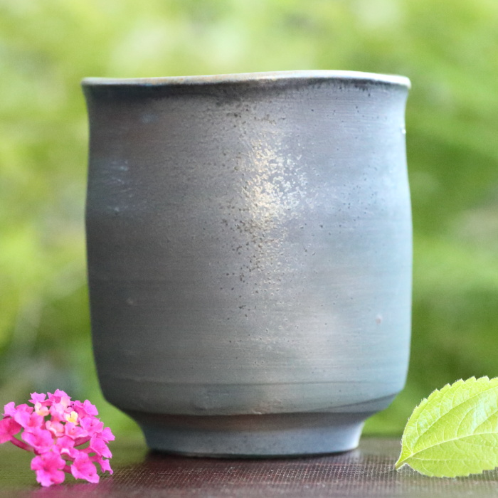 松井興之 備前藍彩湯呑 満容量240ml 作家ものカップ 登り窯焼成陶茶器