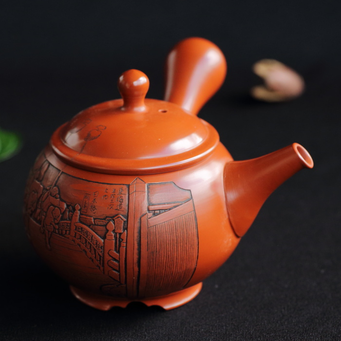 吉川雪堂 安藤広重 東海道五十三次日本橋朝之景彫急須 千尋彫 満容量