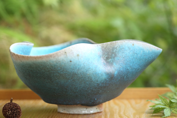 山田想 花形青茶碗 作家もの常滑焼 登り窯焼成 抹茶茶碗 茶道 桐箱