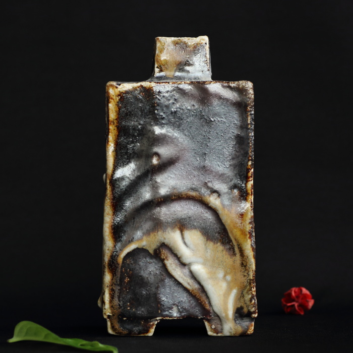 松崎健 窯変曹達扁壺 穴窯焼成陶花器 花入れ 作家もの益子焼 共箱 花瓶