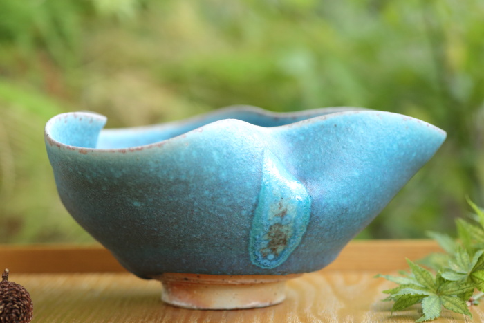 山田想 花形青茶碗 作家もの常滑焼 登り窯焼成 抹茶茶碗 茶道 桐箱