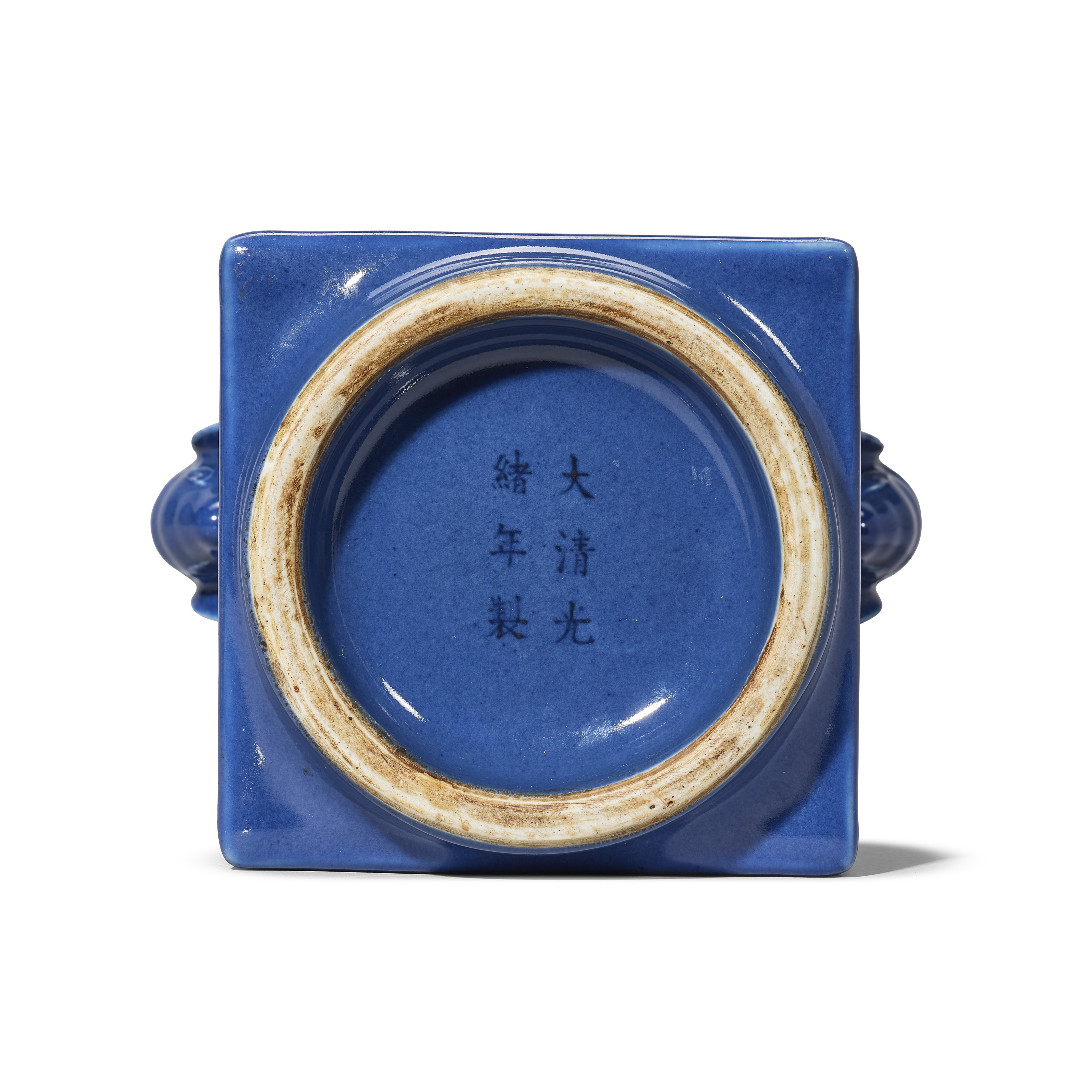 x130 中国 清代 藍釉 象耳方形瓶 角花瓶 高さ25.5cm