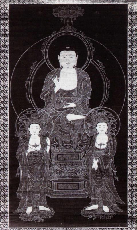 甲府市／絹本紺地金泥阿弥陀三尊像