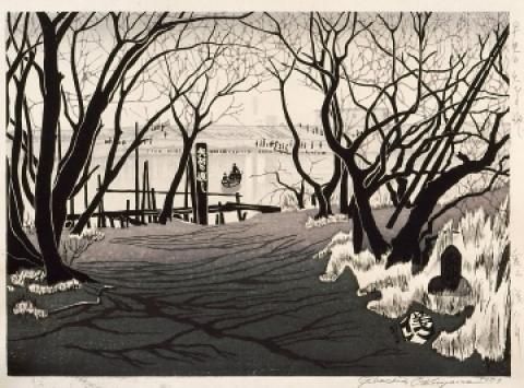 奥山儀八郎 豆名月、浅間牧場 木版画 大判 サイン入り 奥山儀八郎