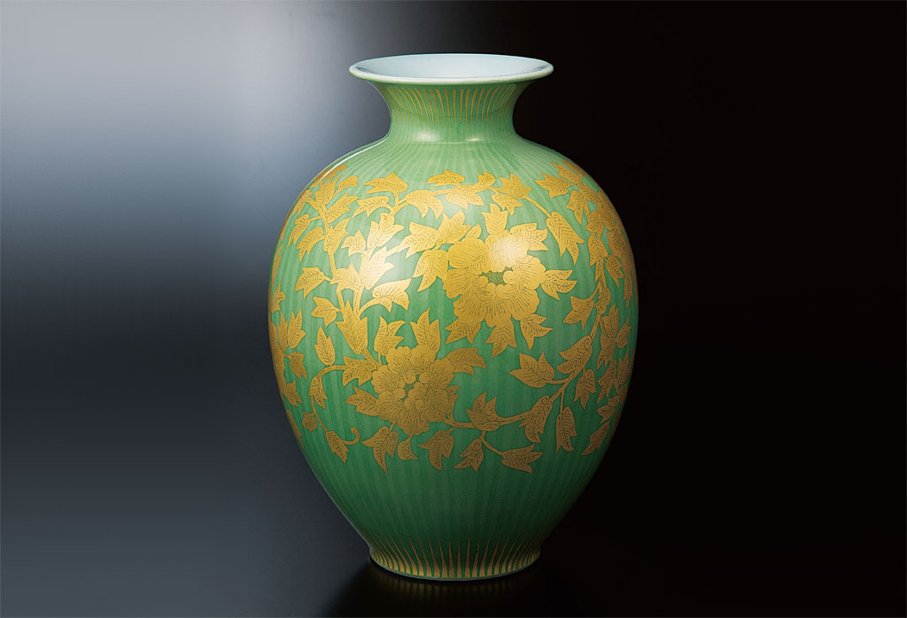 九谷焼 錦山窯三代 人間国宝 吉田美統 ヒワ香釉裏金彩芙蓉香炉 木箱