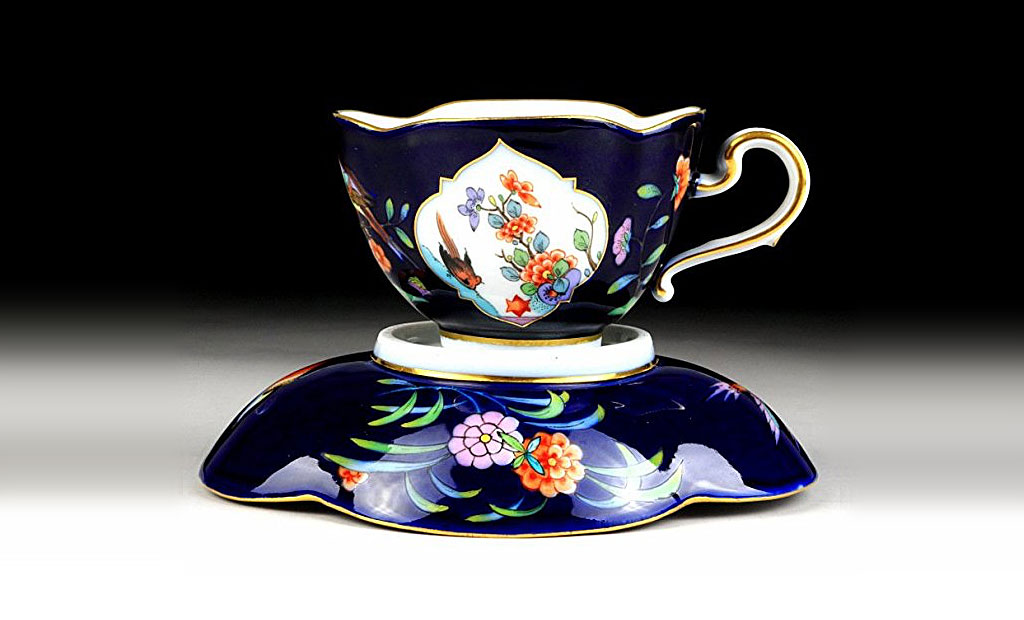 マイセン カップ＆ソーサー 柿右衛門 岩と花鳥紋 フルコバルト 四葉