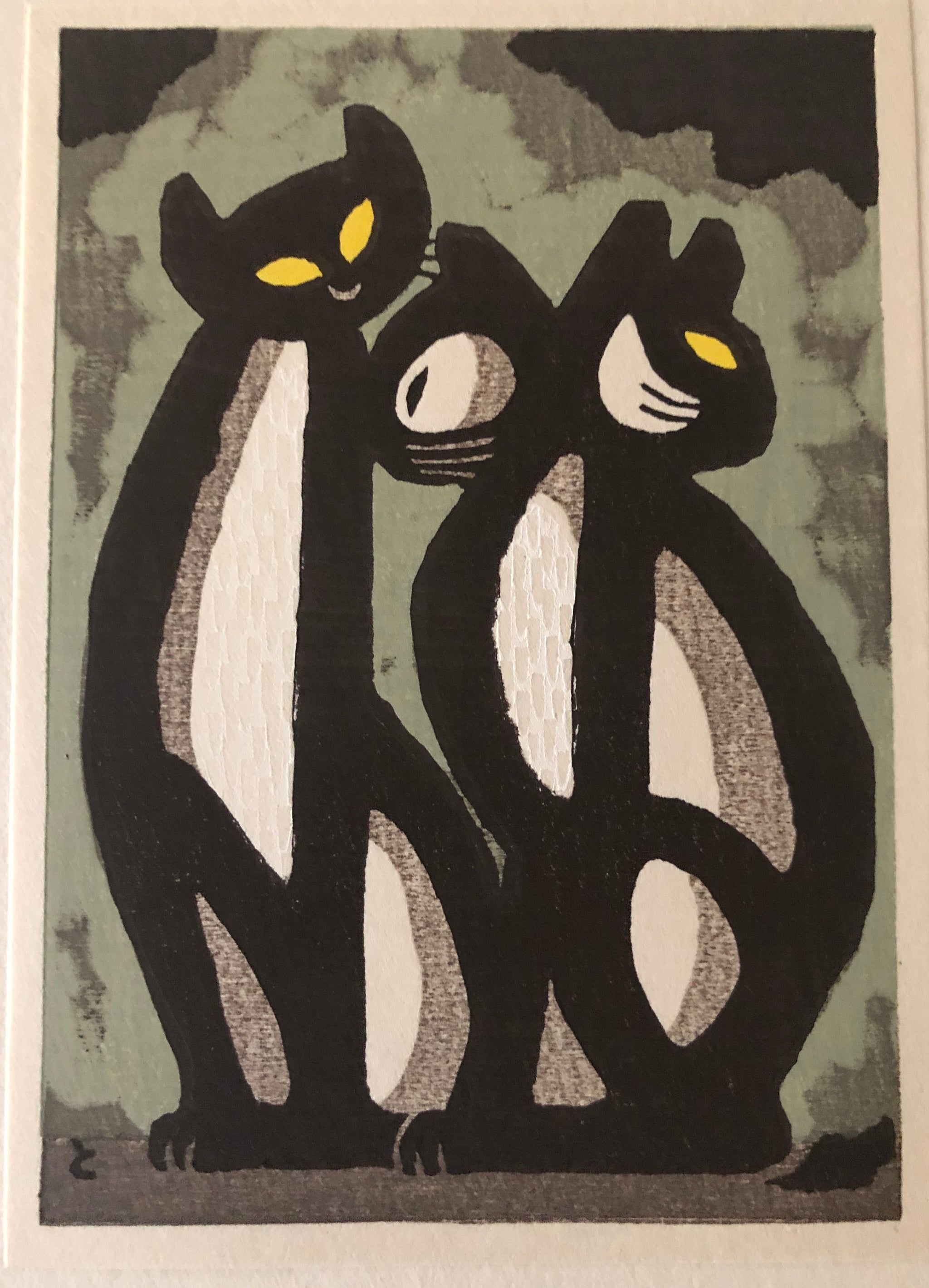 稲垣知雄「ブラックキャット 黒猫」木版画 額付き 作者自筆サイン 稲垣