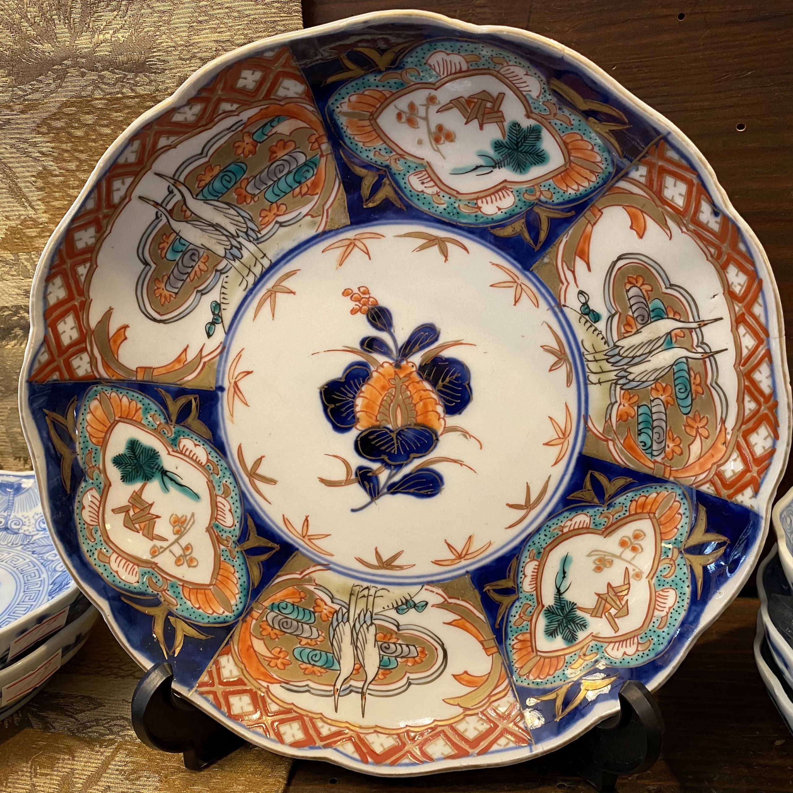 伊万里焼色絵丸文に鶴図4寸手塩皿 7枚 [B31602] 伊万里焼色絵丸文に鶴