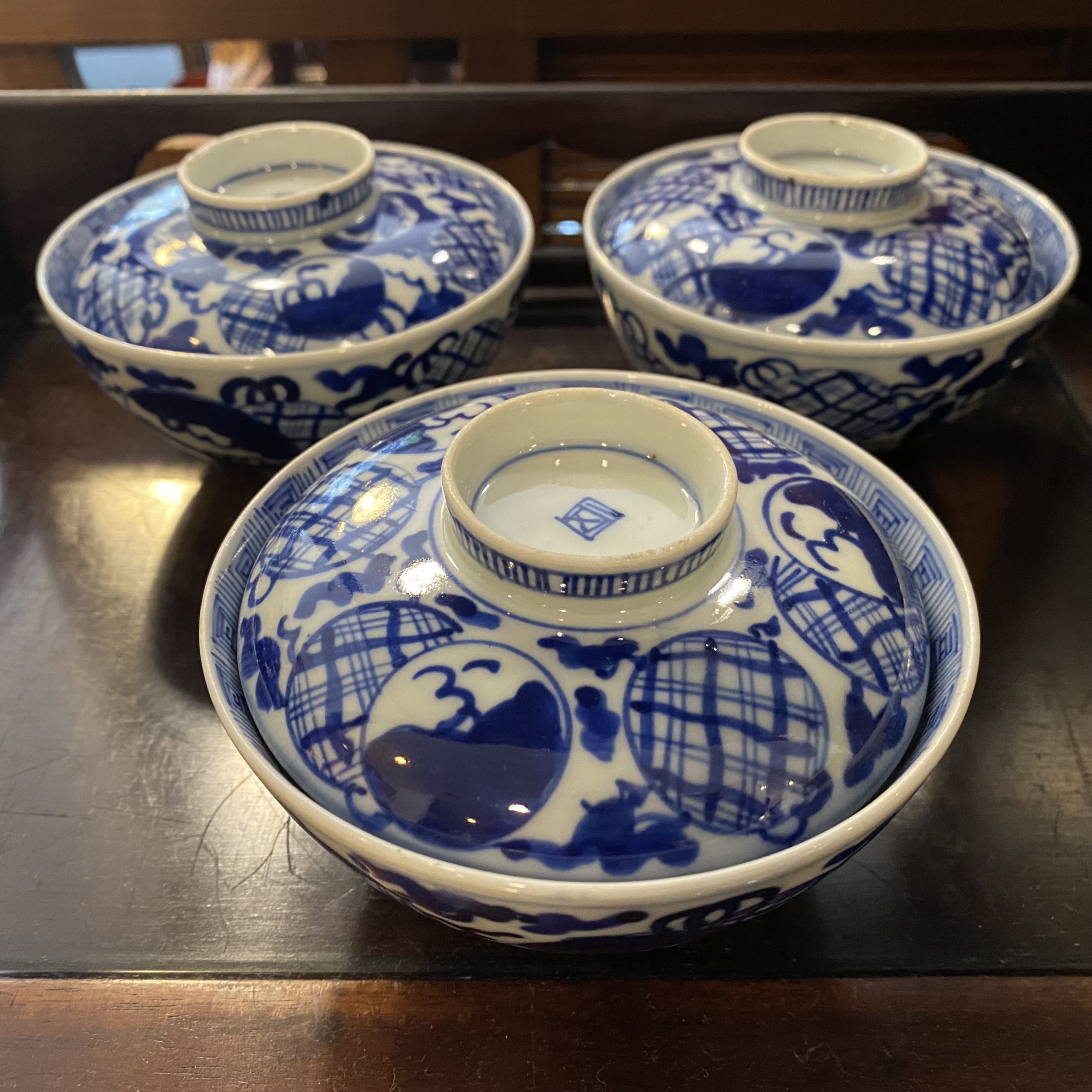 古伊万里 丸寿文 染付 蓋茶碗 10個 [B31378] 古伊万里 丸寿文 染