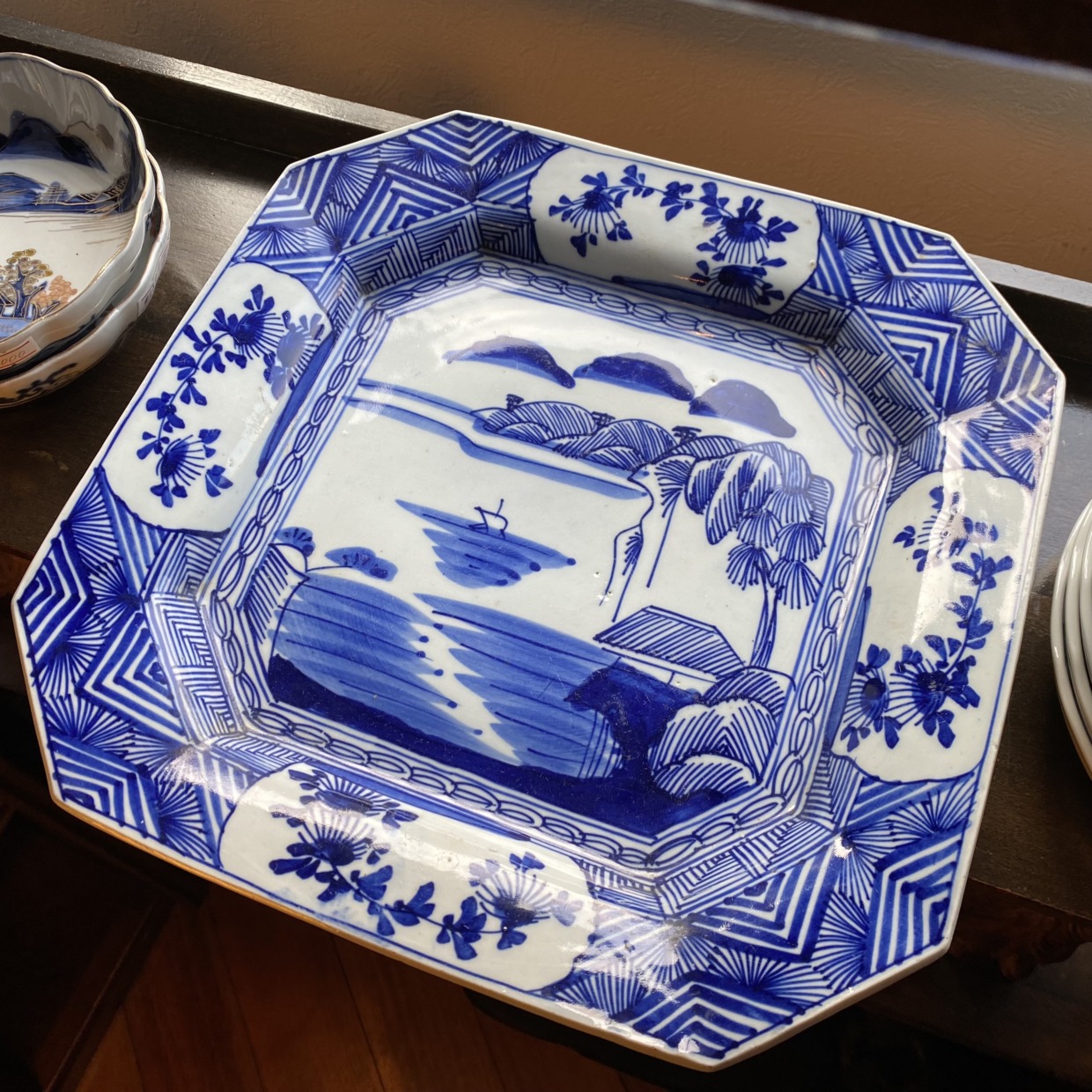 初期伊万里 四角 角取り 山水画 小皿 伊万里焼 染付 角皿 線書き山水画