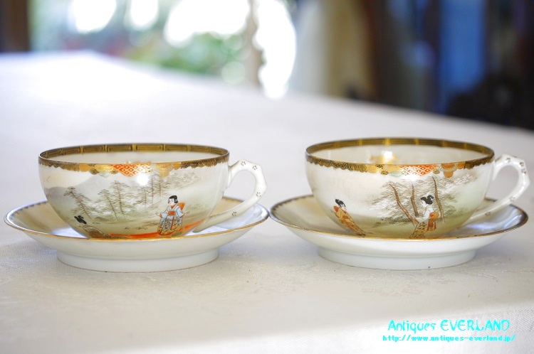 神戸山手 寺岡 カップ&ソーサー ペア 卵殻焼 エッグ・シェル 明治 輸出